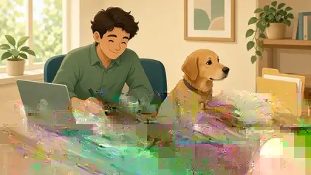 Cartoon of a person at a desk with a watchdog dog watching over documents