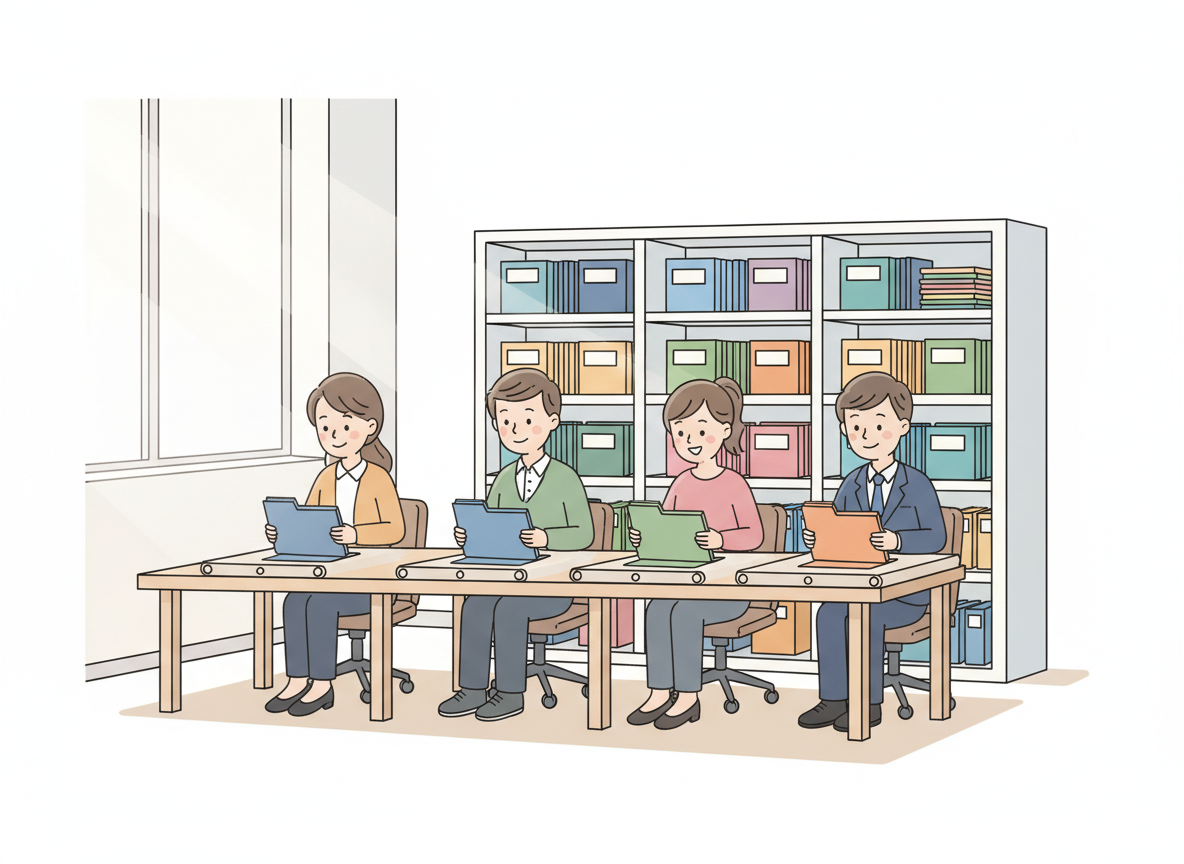 Cartoon of people organising matching binders on a workshop line with tidy shelves behind them