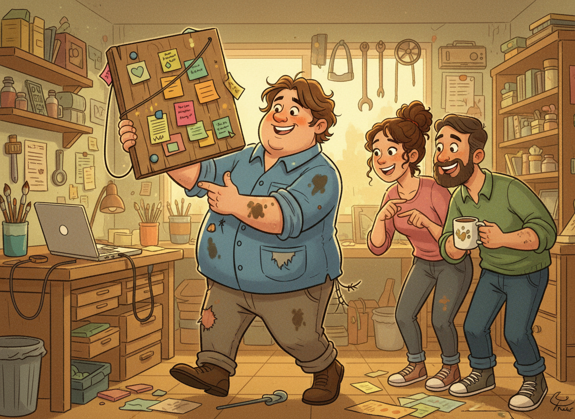 Cartoon of a coach leaving a cluttered workshop with stained sleeves and a sticky-note prototype, colleagues leaning in