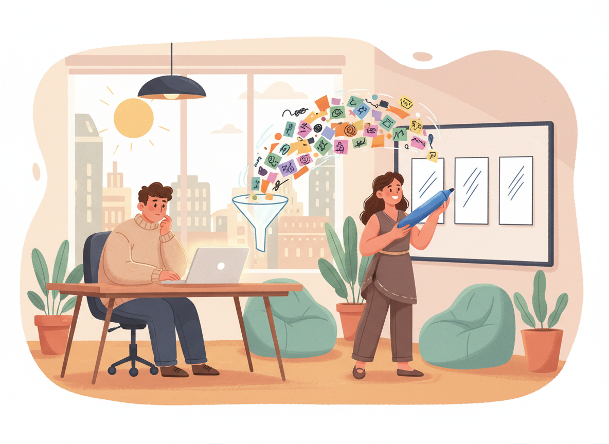 Warm cartoon office scene with a person at a desk facing a blank document and a colleague cheerfully narrowing a messy whiteboard of sticky notes into three simple cards