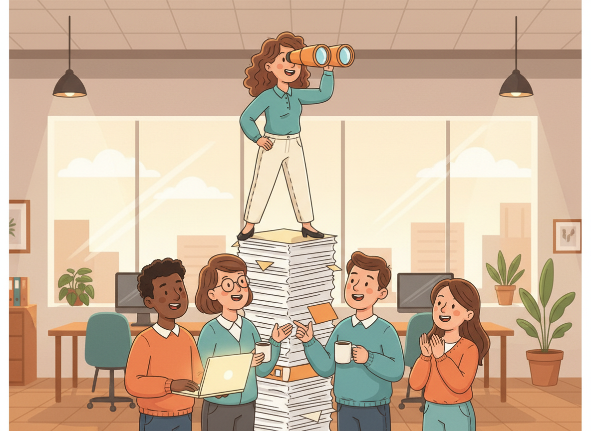 Cartoon of a woman standing on a stack of documents looking through binoculars and guiding her colleagues forward