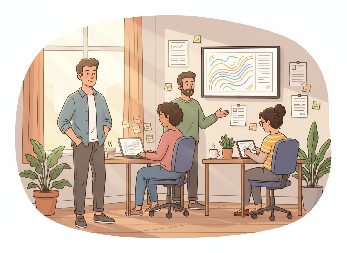 Cartoon of a founder stepping back while a small team calmly handles office work