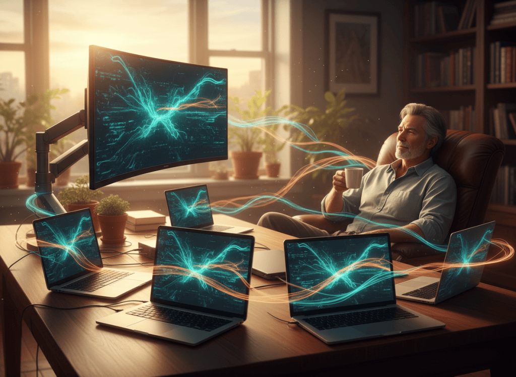 A relaxed business owner with a coffee watches several laptops quietly working around him