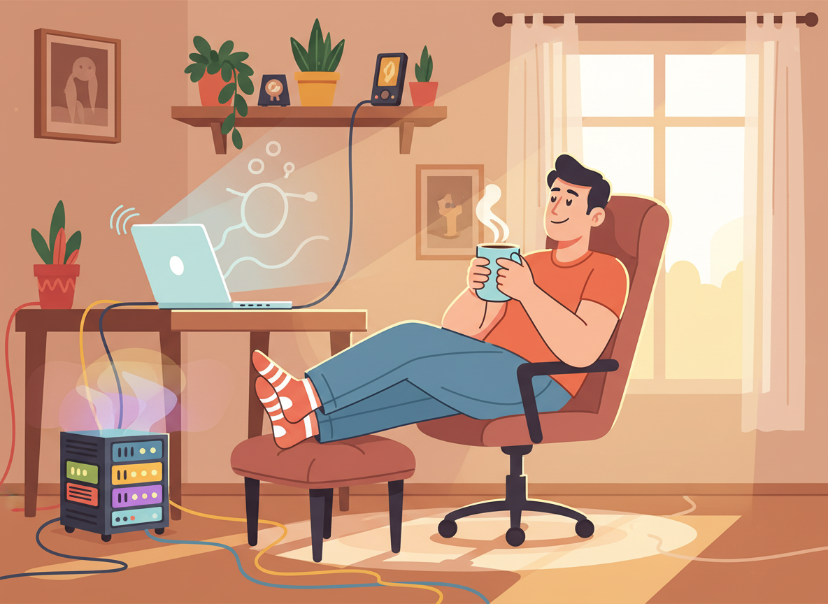 Cartoon of a relaxed IT professional with a coffee while a laptop and small server work on their own