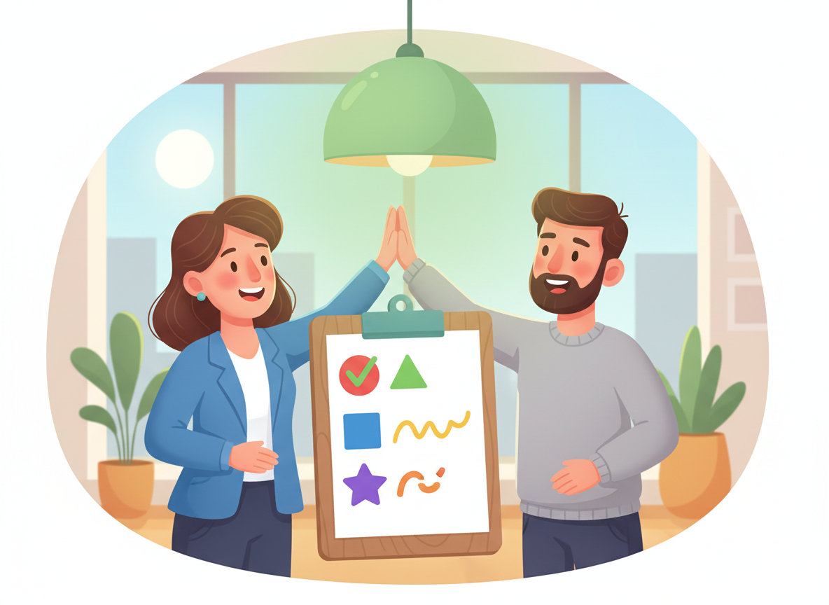 Warm cartoon of an advisor and client high-fiving beside a checklist of coloured shapes and a glowing green light