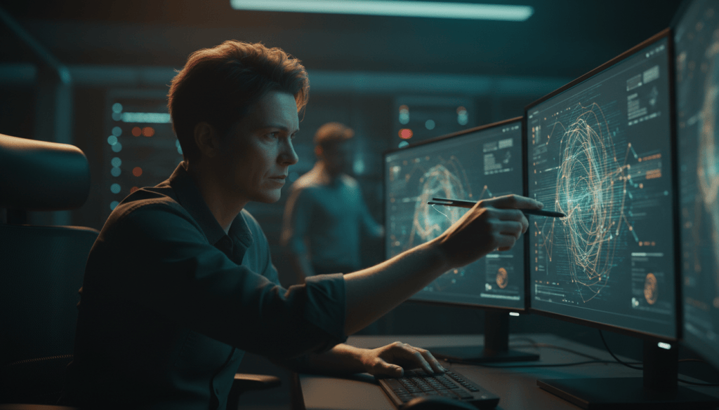 IT security analyst tracing activity across glowing monitors in a dark operations room