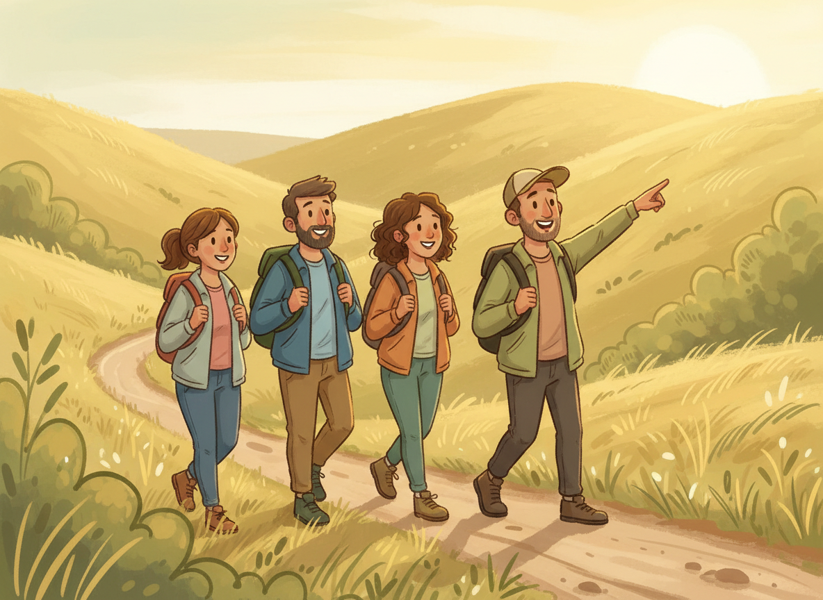 Cartoon of a small group of people hiking a trail, one slightly ahead pointing the way