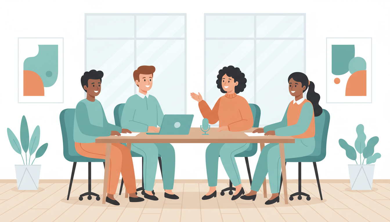 Cartoon of colleagues around a meeting table smiling and agreeing, with a closed laptop and a simple microphone on the table
