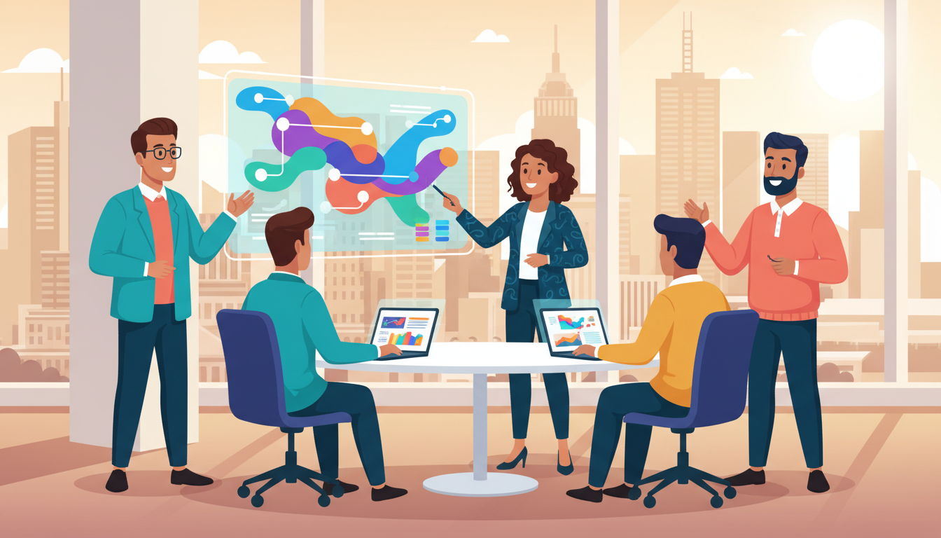 Cartoon of professionals at a hands-on technology workshop in a Melbourne city office