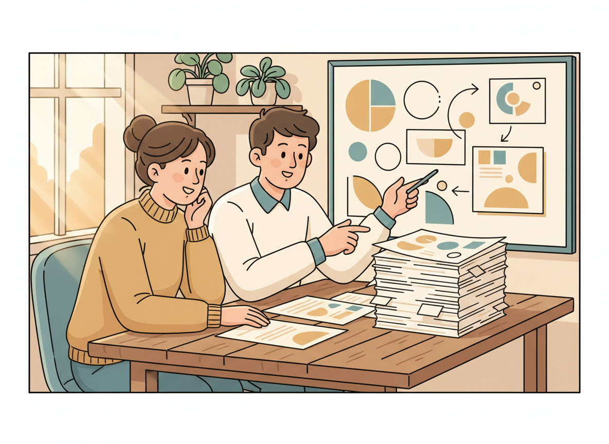 Cartoon of a small business owner sitting with a practitioner who is showing papers and a whiteboard of abstract shapes.