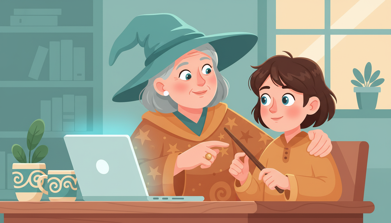 Cartoon of an experienced person in a casual wizard hat guiding a colleague who holds a plain stick, with a laptop on the desk